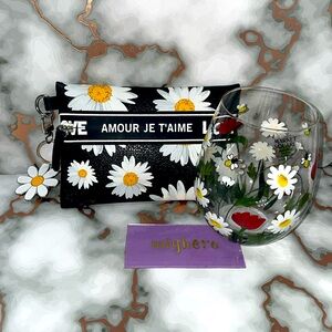 3pc Daisies & Bees bundle w/hand painted wine glass, keychain and small pouch